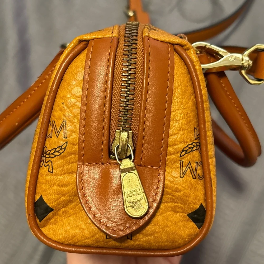 MCM Orange Visetos Dome Satchel with Gold Plaque